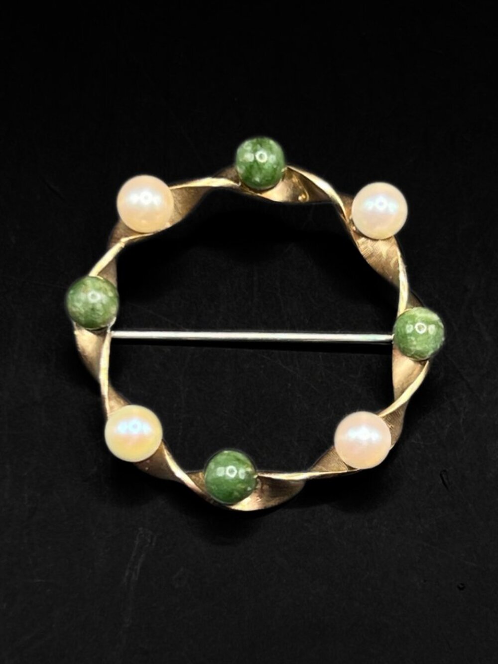Midcentury Brooch Krementz Jade and Pearl Gold Overlay in Gift Box Designer Mark